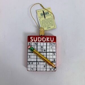 Old World Christmas Sudoku Ornament Glass Red‎ White Gold Pencil Math Game